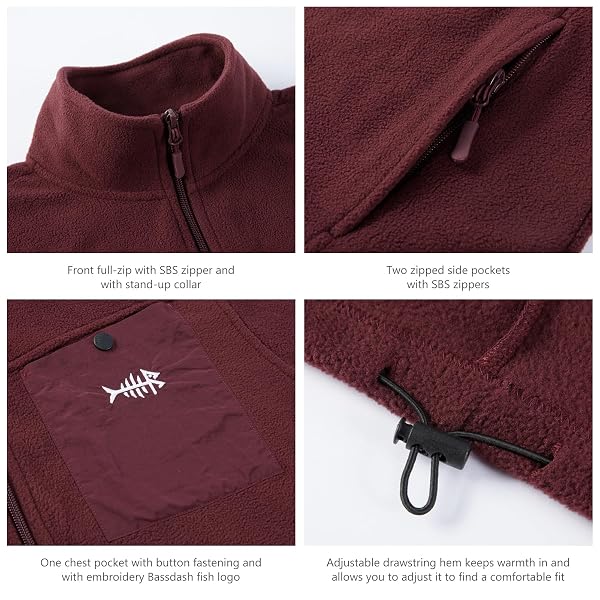 BASSDASH ALLDAY MEN’S FULL ZIP FLEECE JACKET SOFT SWEATSHIRT BREATHABLE MID-WEIGHT POLAR FLEECE WINTER COAT WITH POCKETS BURGUNDY