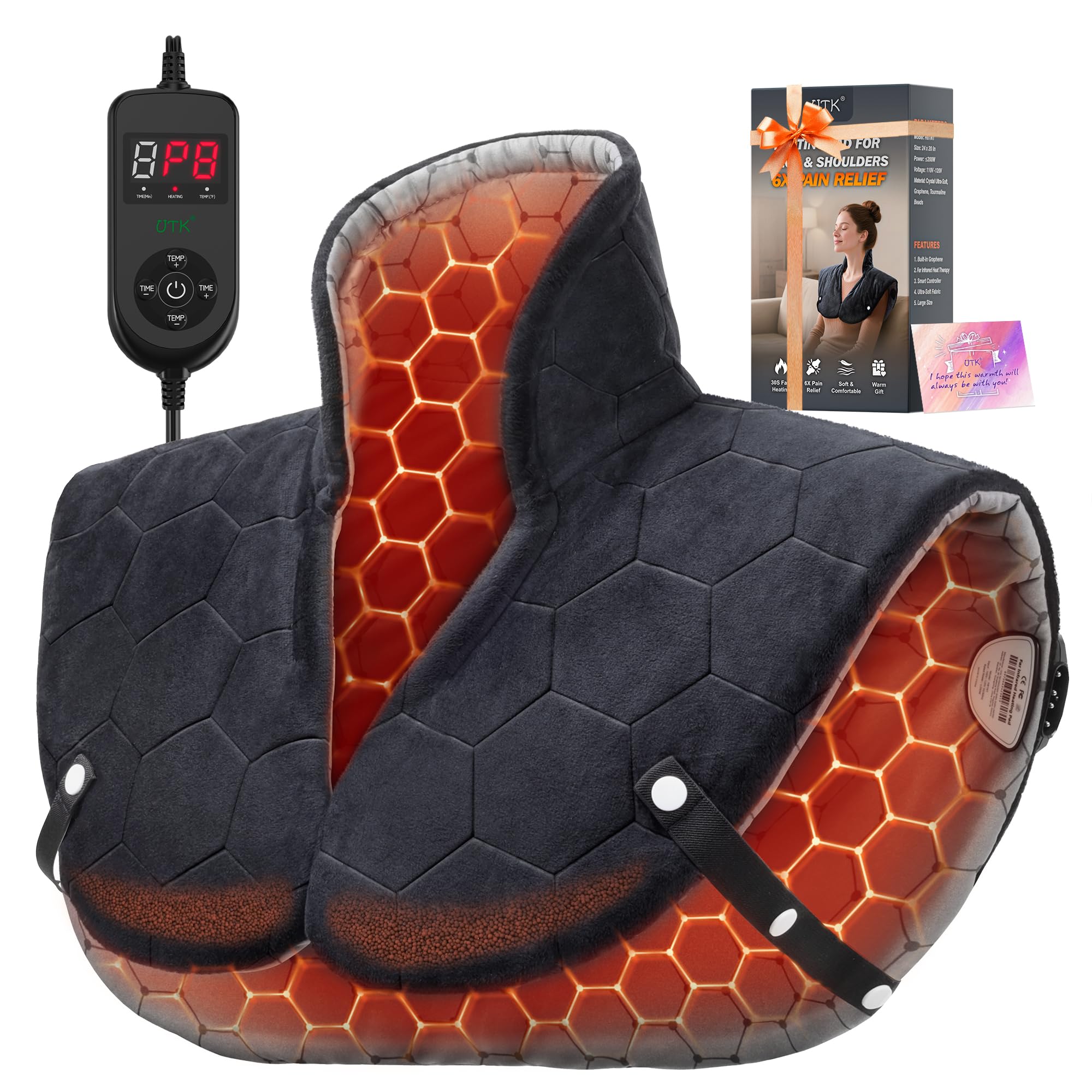 Photo 1 of UTK 30s Fast Heating Pad for Neck and Shoulders and Back, 6X Deeper Penetrate, Far Infrared Heated Wrap for Neck and Shoulders Pain Relief, Auto Shut Off, Memory Function, Gifts for Birthday 24"X20"