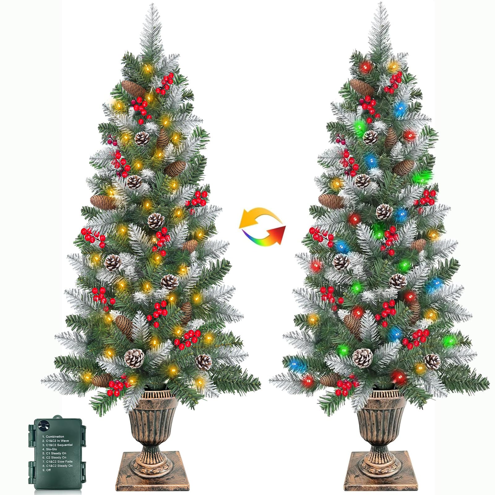Photo 1 of 2Pack 4FT Outdoor Snowy Christmas Entrance Tree in Pot Base with 8 Modes Timer 60 Warm White & Colorful Change Light Battery Operated 15 Pine Cone 105 Red Berries Porch Front Door Decor