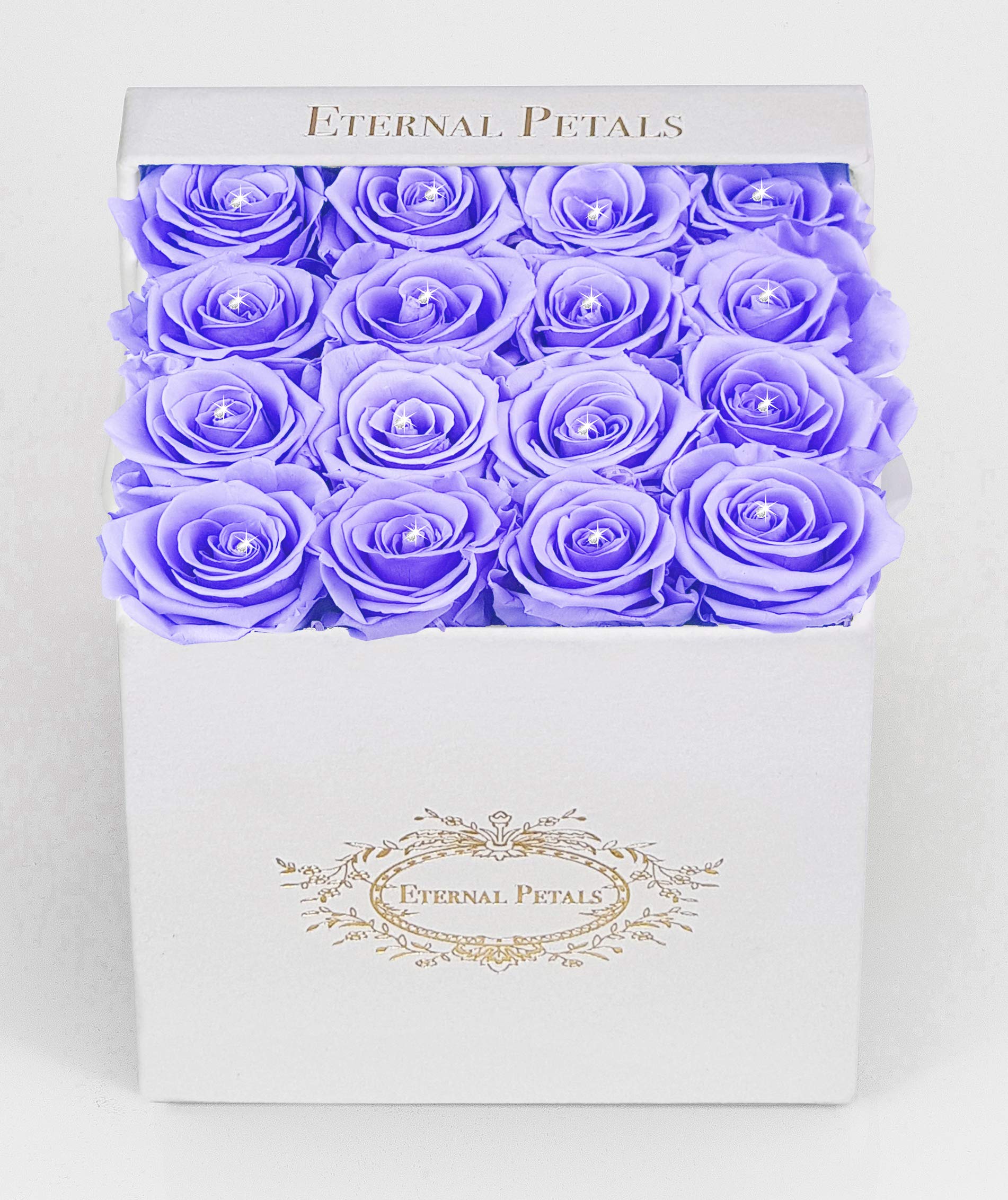 Real Roses That Last A Year - Handmade in London - 16 Roses in a White Flower Box with 16 Crystals (Light Lavender)
