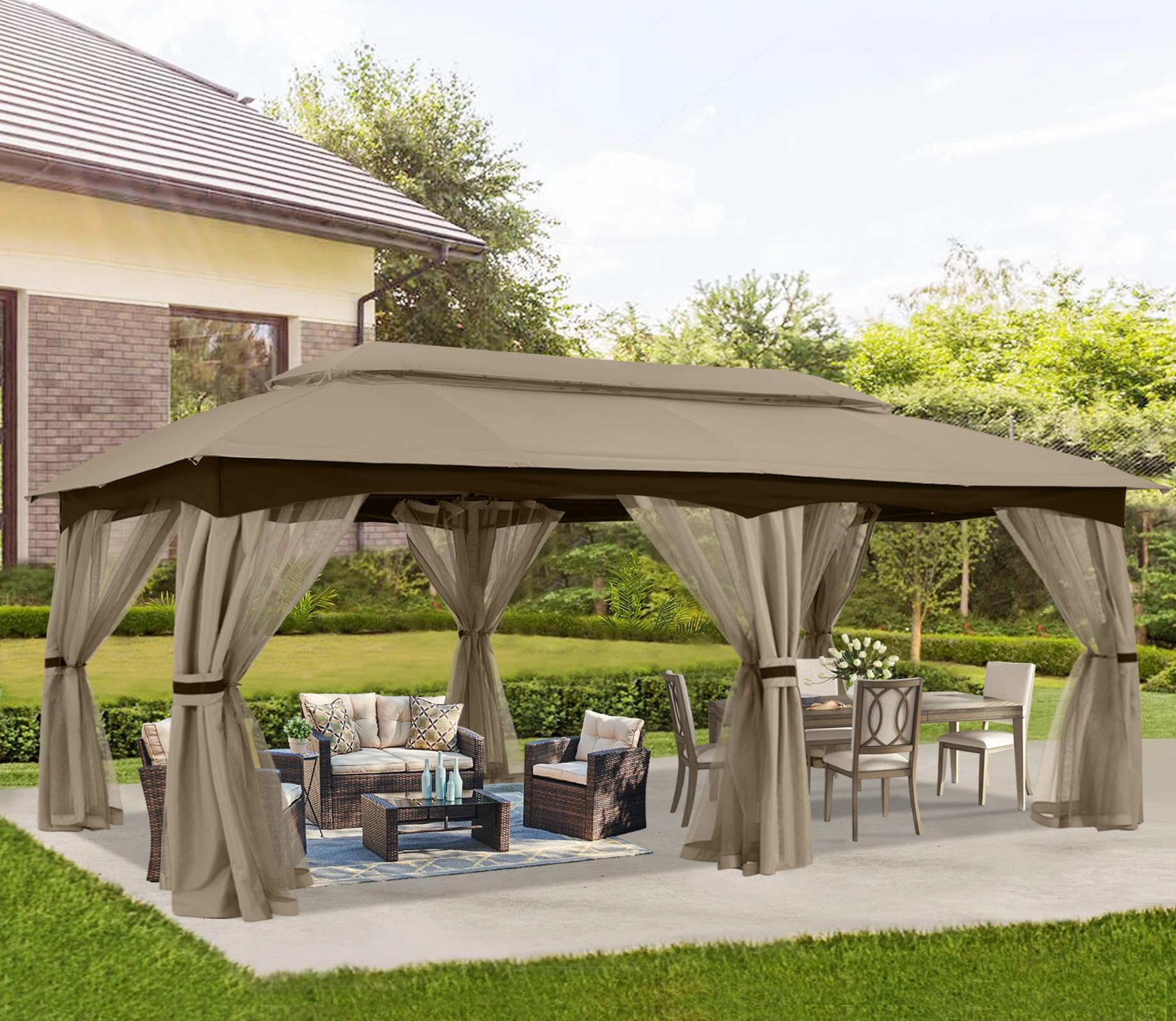 ABCCANOPY Outdoor Patio Gazebo 10x20 - Double Roof Canopy with Mosquito Netting for Backyard, Deck, Garden, Lawn, Khaki Image