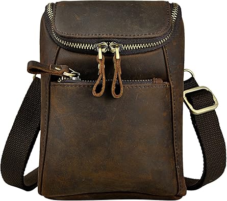 Amazon メンズ本革小メッセンジャーショルダーバッグサッチェルバッグフックウエストバッグ多機能バッグモバイル 財布収納ポーチウエストベルトパック 611 34 ブラウン ウエストバッグ