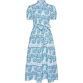 GRACE KARIN Women's 2026 Summer Floral Flowy Dresses Boho Tie Belt Short Puff Sleeve A Line Maxi Shirt Dress with Pocket