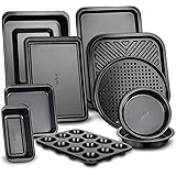 10-Piece Kitchen Oven Baking Pans - Deluxe Carbon Steel Bakeware Set with Stylish Non-stick Gray Coating Inside and Out, Dish