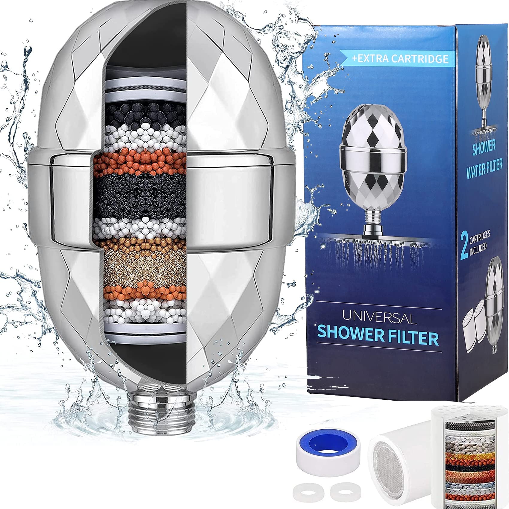 18 Stage Shower Filter,eSynic Universal Shower Filter Chrome Shower Head Filter with 2 Replaceable Cartridges Shower Head Water Purifier Hard Water Filter Removal of Fluoride, Heavy Metals etc