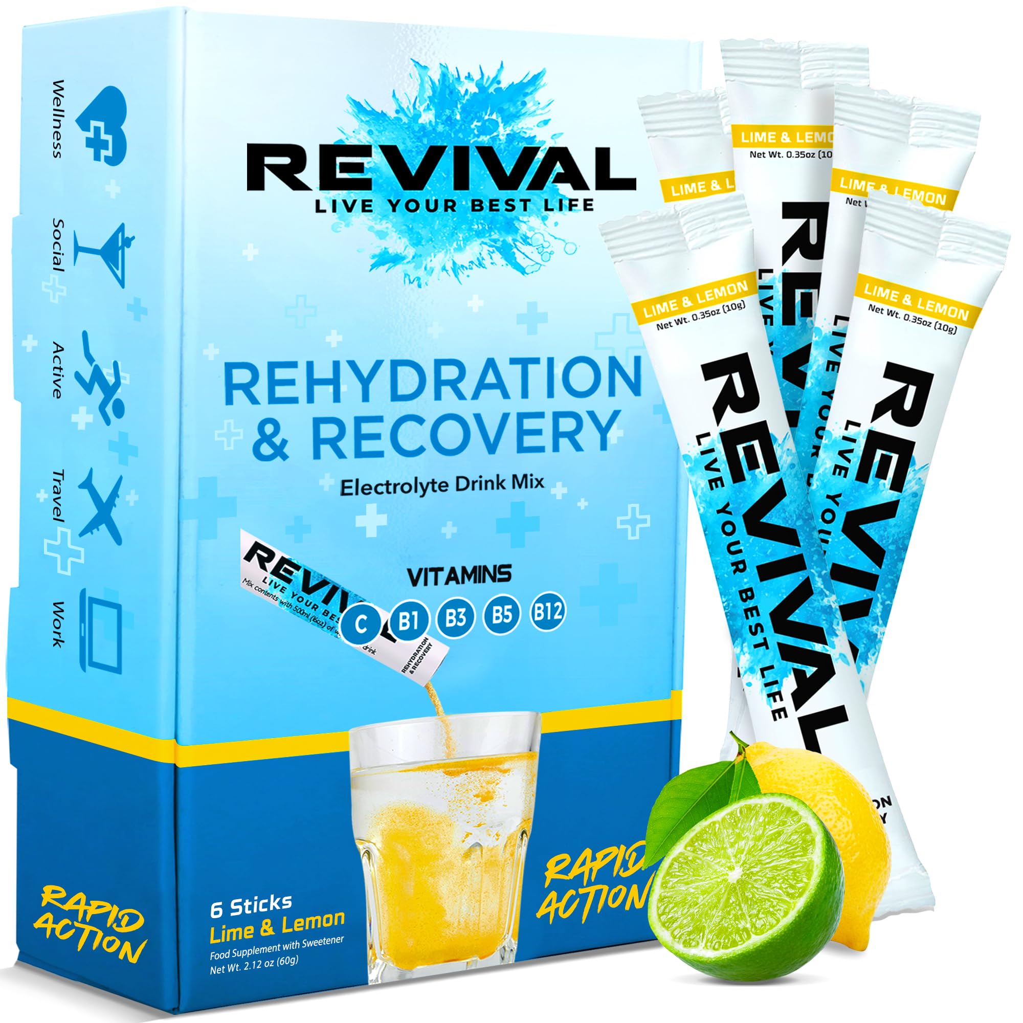 Revival Rapid Rehydration Sachets Electrolytes Powder High Strength Vitamin C, B1, B3, B5, B12 Supplement Sachet Energy Drink, Effervescent Electrolyte Hydration Tablets 6 Pack Lemon Lime Flavours