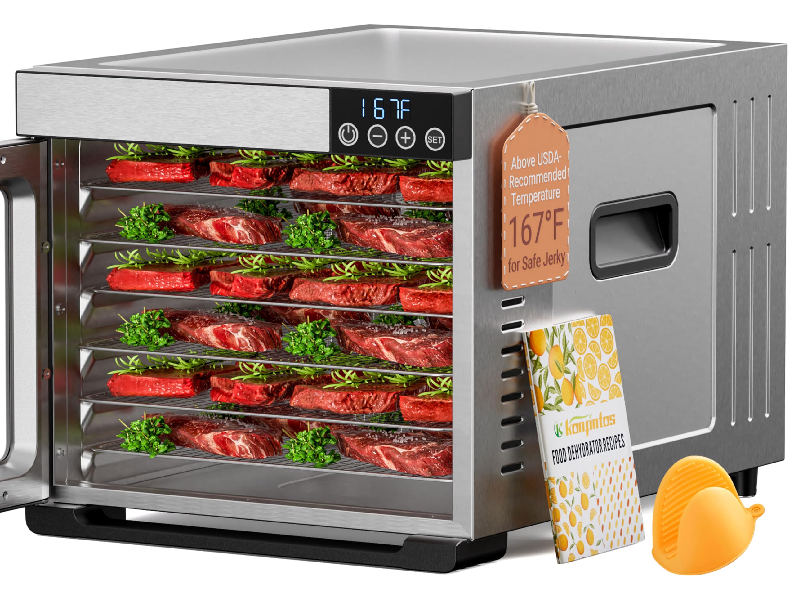 Photo 1 of ***BROKEN DOOR*** Konfintos 700W Food Dehydrator Machine | 6 XL Stainless Steel Trays (13"x12") | Dryer for Jerky, Mushroom, Herbs, Meat, Fruit | Digital Timer and Temperature Control, 167°F 48H | Recipes + Gloves