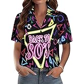 MYMORE 80s 90s Outfits for Women Retro 80's Print Short Sleeve Button Down Shirt Disco Party Hawaiian Shirts