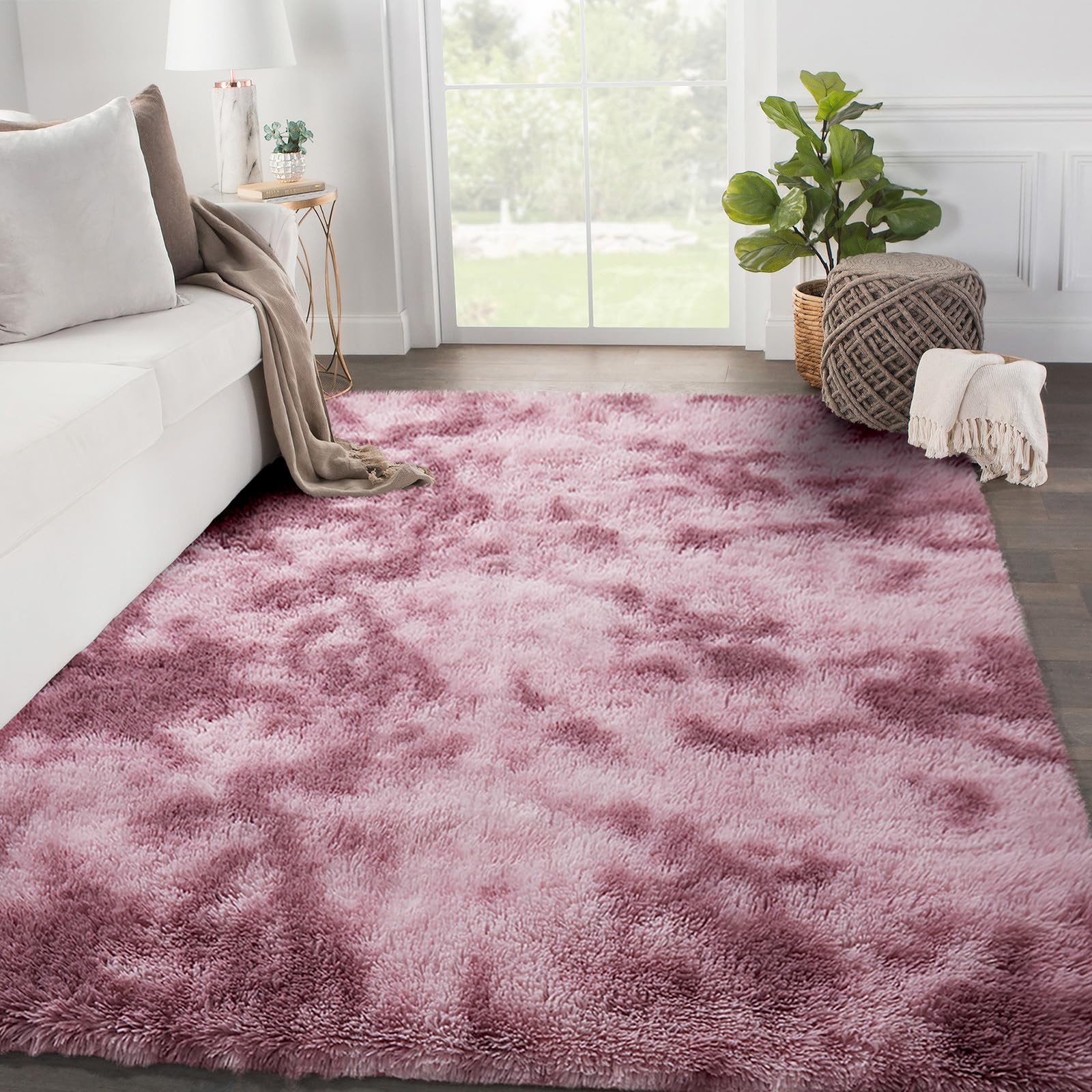 SOANNY Living Room Rug, Dark Pink Soft Fluffy Tie-Dyed Shag Carpet for Bedroom Dorm Lounge, Non-Slip Washable Throw Rug for Home Decor, 120x180 cm