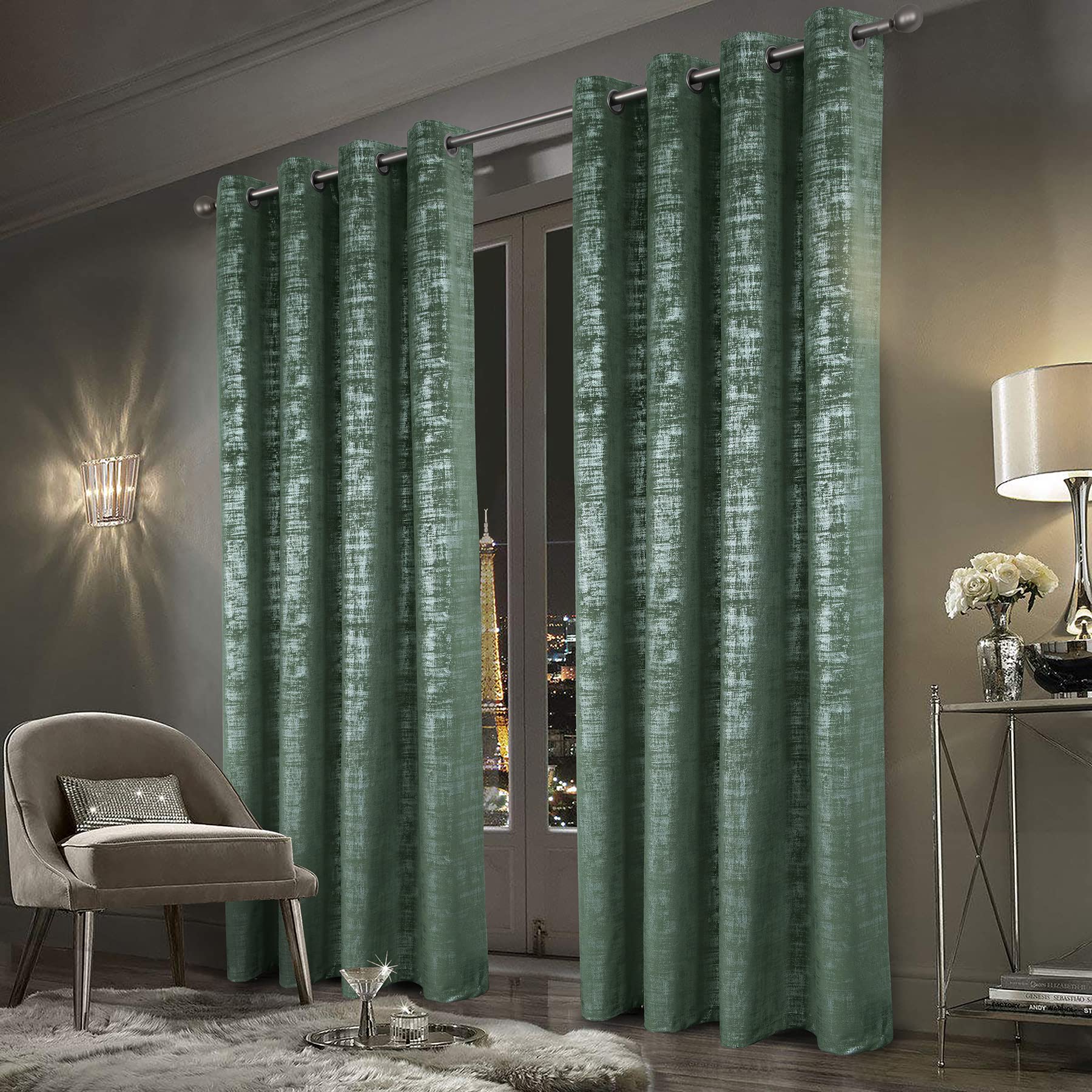 always4u Soft Velvet Curtains 100% Blackout Window Treatments Energy Efficiency for Bedroom Silver Foil Printed Shining Luxury Curtain Drapes 1 Pair Sage Green 46 * 90 — image 1