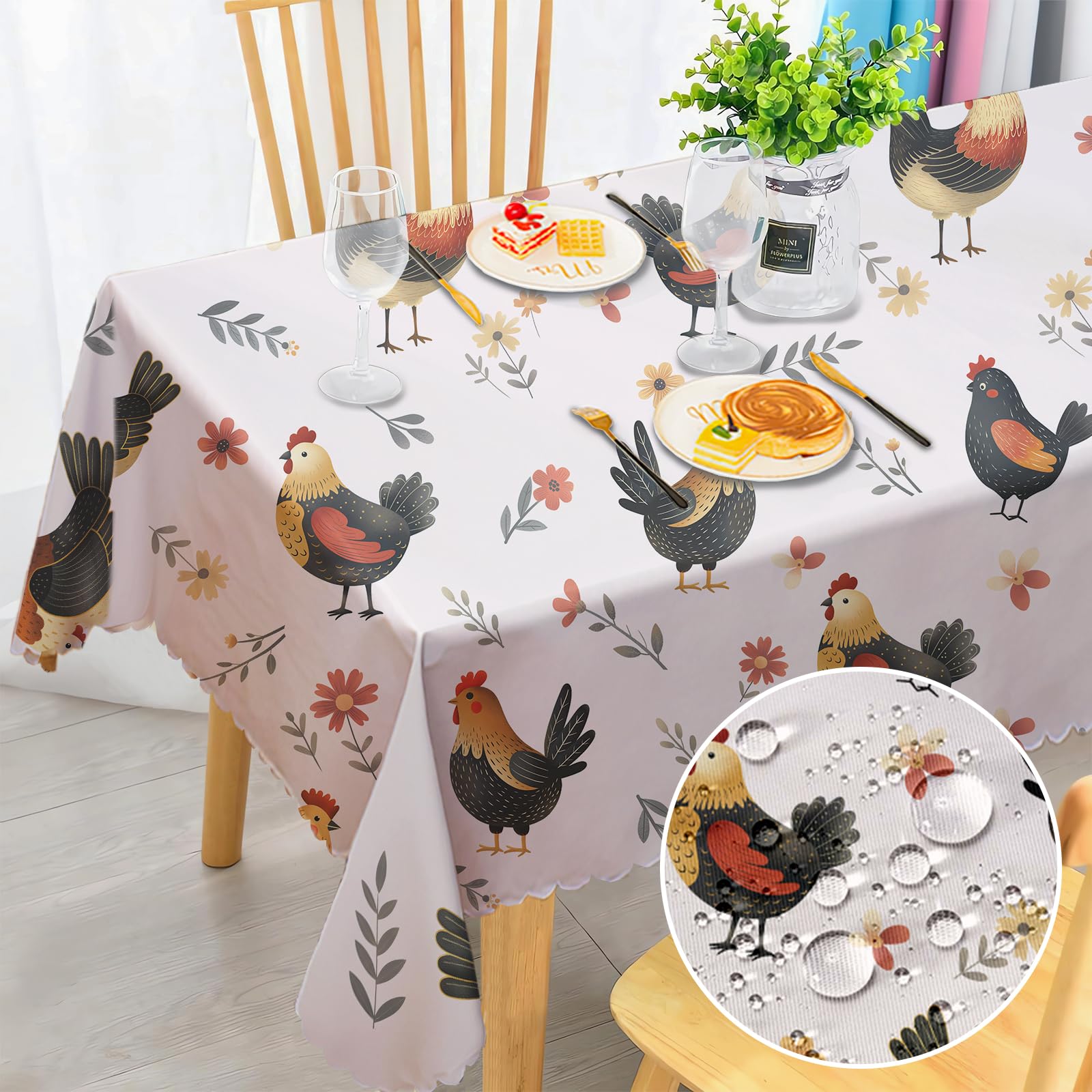 Rectangular Tablecloth Wipe Clean, Wipeable Waterproof Chicken Polyester Tablecloths, Fall Table Cloth Wrinkle Resistant Table Cover for Home Dinner Kitchen Party Picnic Outdoor 140x180cm
