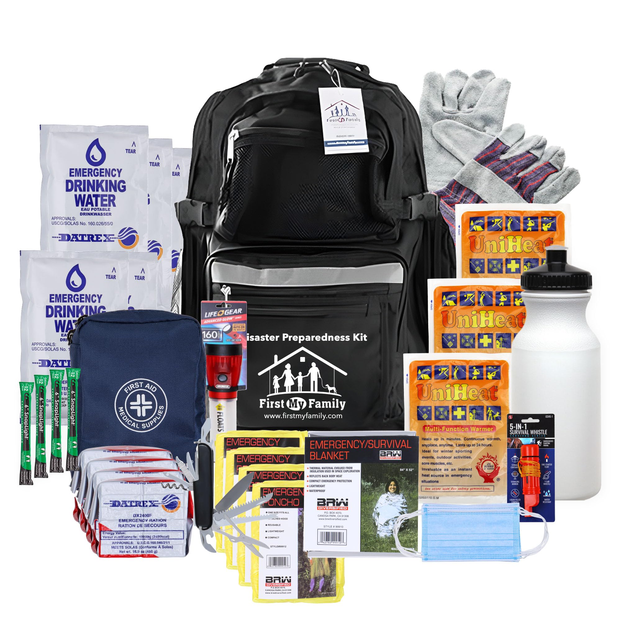 Photo 1 of ***missing parts*** First My Family All-in-One 4 Person, 72 Hour Emergency Survival Kit for Fires, Earthquakes, Hurricanes, Floods, Tsunami and Other Disasters - Premium Black Backpack