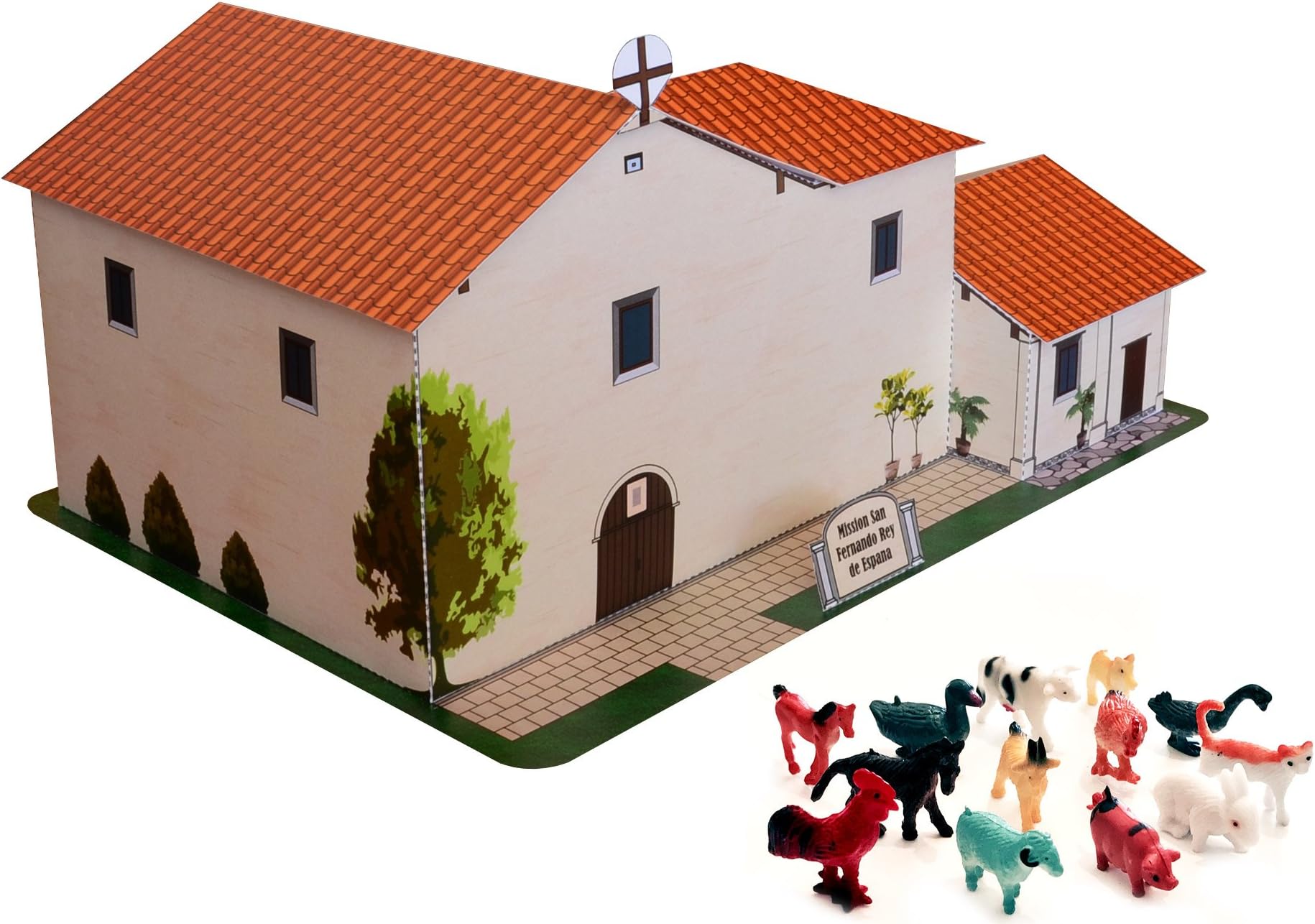 Mission San Fernando Rey de Espana Large Paper Craft Model with Plastic Farm Animals