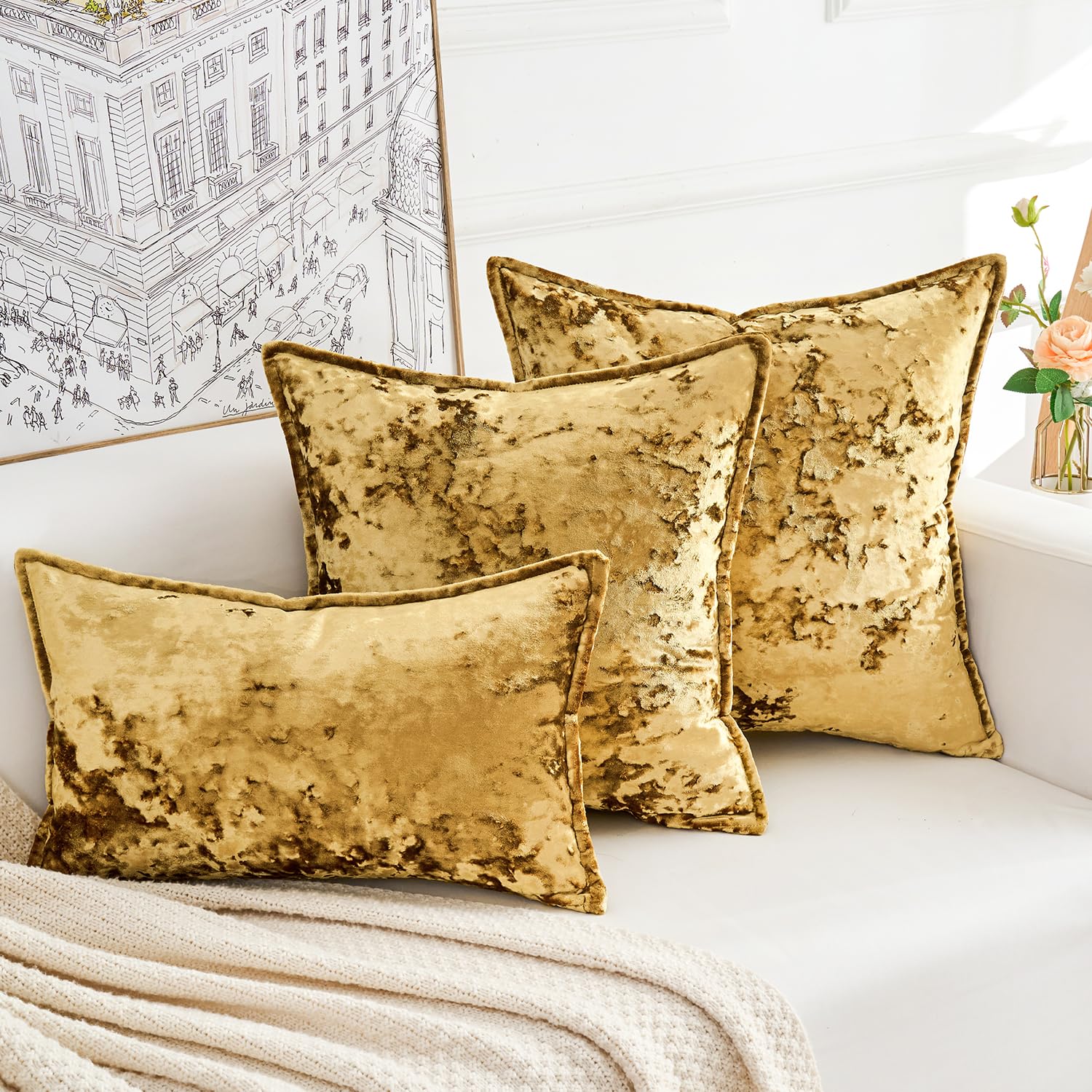 Photo 1 of 1 HERAYLI Premium Series, Crushed Velvet Throw Pillow Covers, Luxury Thick Cushion Cases for Home Decor, Gold, 18x18 Inch, Covers Only