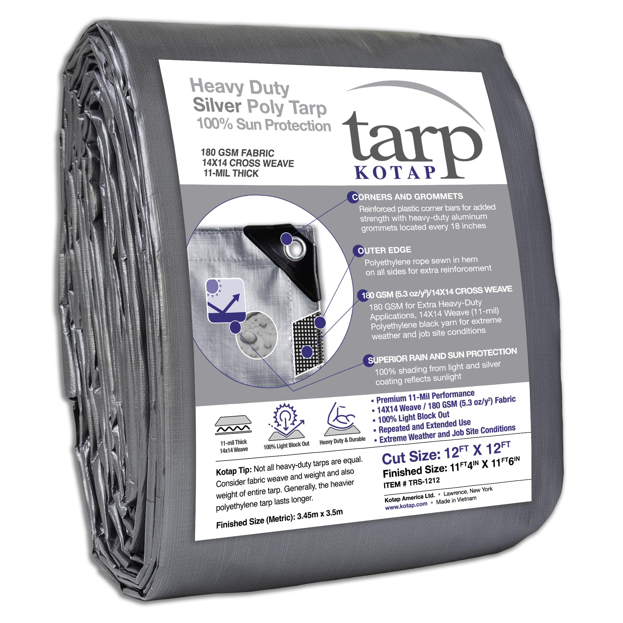 Kotap Heavy-Duty Protection/Coverage Tarp, Superior Weave for Greater Longevity, 10-mil, Polyethylene (PE), Silver, Cut Size: 12' X 12'/Finished Size: 11' 4" X 11' 6"