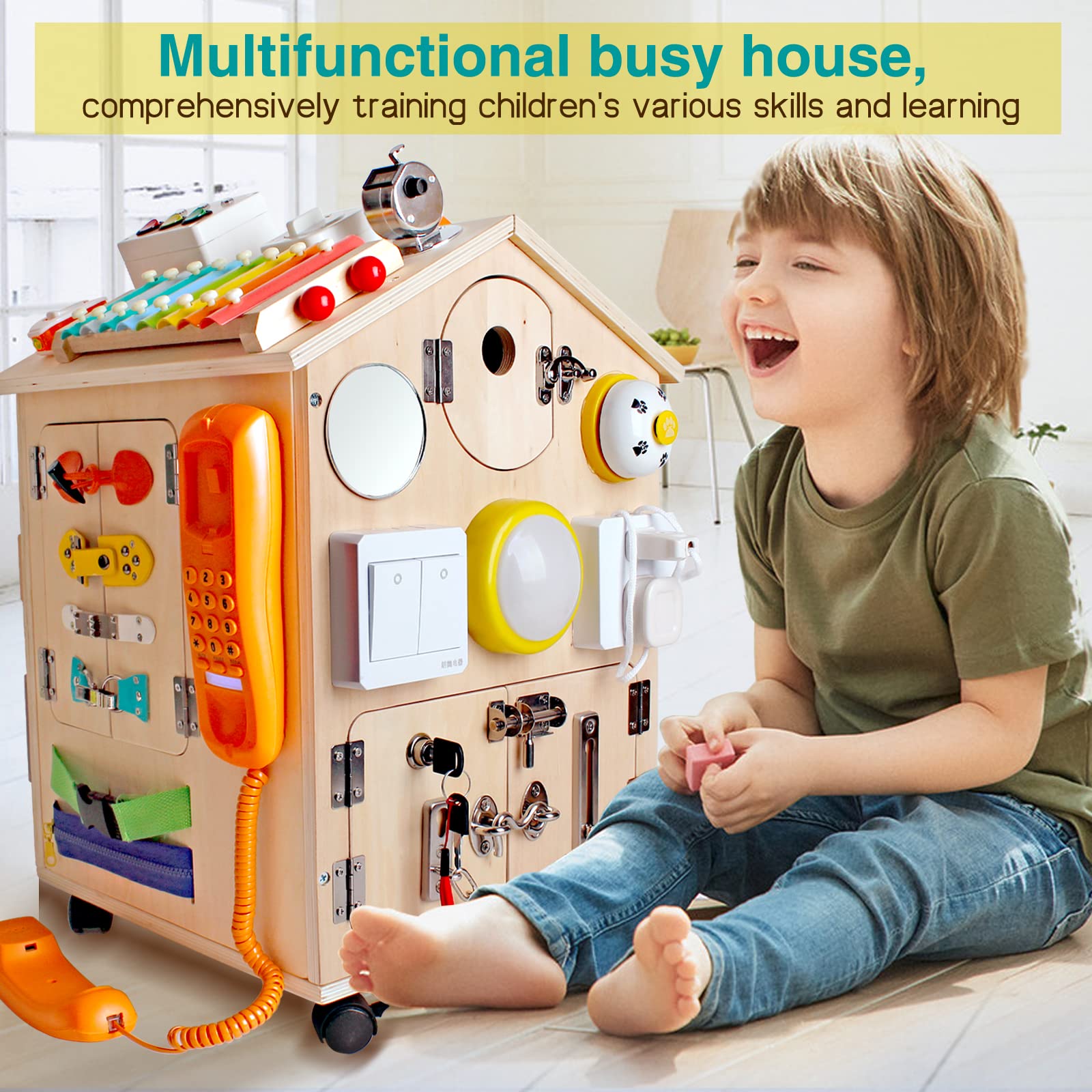 SHIERDU Montessori Wooden Busy House Basic Life Skills and fine Motor Training for Children, pre-School Education and Learning Busy Board, Sensory Game Toys, Large Gifts for Boys and Girls