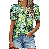 Ezcosplay Women Puff Sleeve Tops Floral Hawaiian Shirt Notched V Neck T-Shirt Casual Tropical Outfits