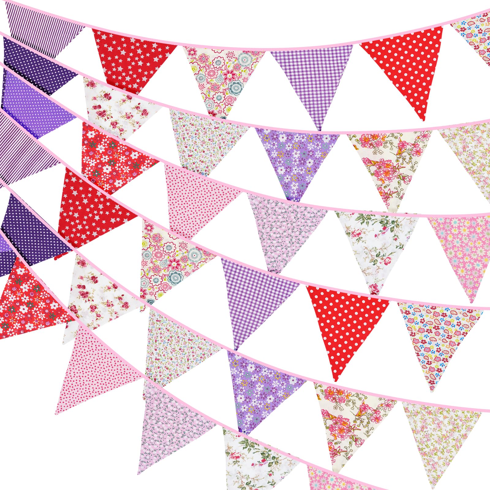 G2PLUS 36PCS Double Sided Fabric Bunting, 10M Purple and Red Floral Cotton Banner, 17x19CM Large Triangle Garland Reusable for Indoor and Outdoor Party Decoration