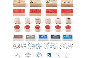 CJiangpo 15Pcs Winter Wooden Rubber Stamps DIY Craft Card Ink Pads, Polar Animals Pattern Craft Stamps for Crafting Scrapbook Card Making, Winter Holiday Party Decorative Gift Favors Xmas Supplies