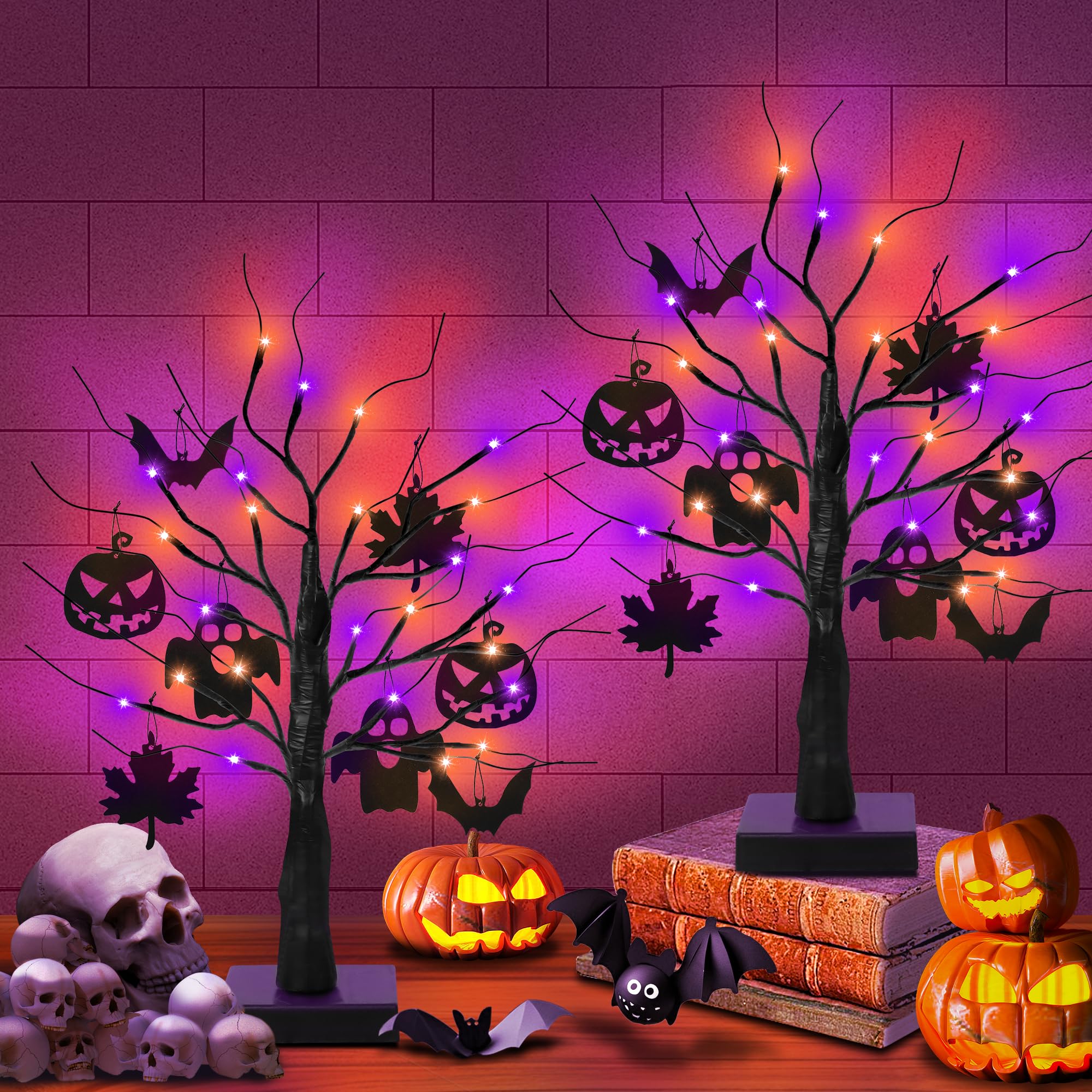 Photo 1 of [Timer] 2 Pack 24 Inch Black Halloween Tree with Ornaments, USB/Battery Operated Halloween Orange Purple Lights Lighted Tree Table Decorations, Scary Halloween's Decorations Indoor Home Party Decor