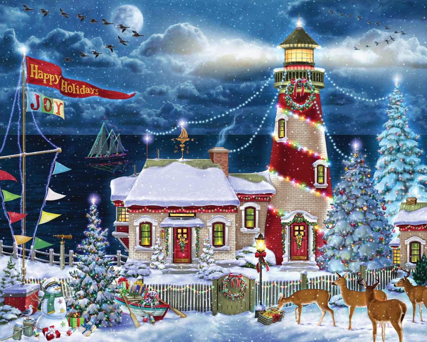 Christmas Lighthouse Jigsaw Puzzle 1000 Piece by Vermont Christmas Company