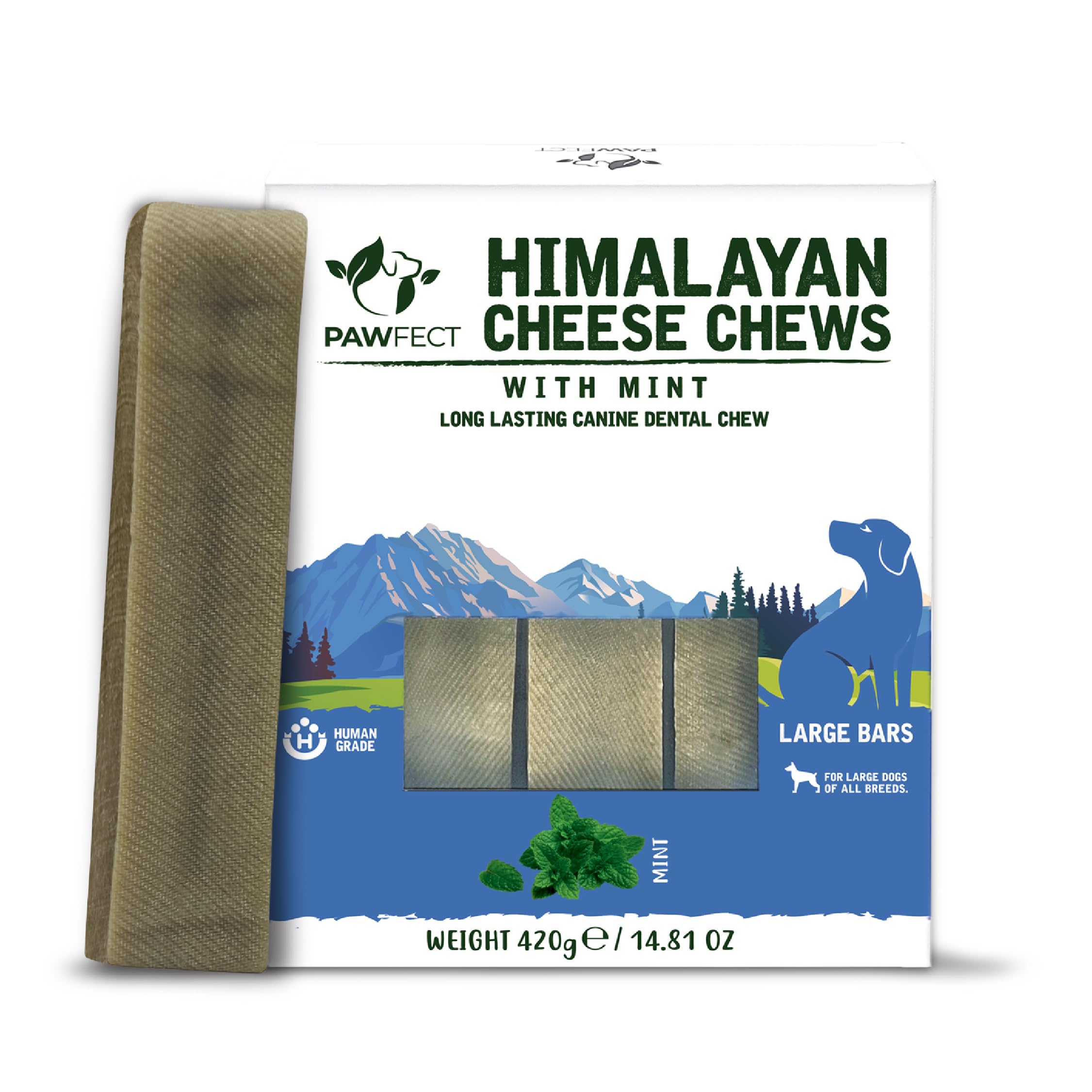 Pawfect Himalayan Yak Chews with Real Mint for Large Dogs - Long Lasting Dog Chews - Plaque Off and Tartar Control - High Protein, Grain-free Natural dog treats - Pack of 3 (420g/14.81oz)