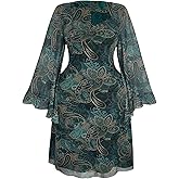 BEAUDRM Women's Plus Size Paisley Mini Dress Vintage Mesh Ruched Bell Long Sleeve Fitted A Line Dresses