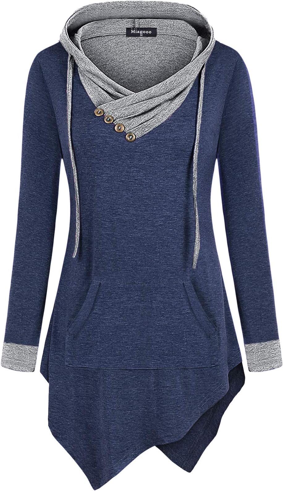 Miagooo Uneven Hemline Hoody Shirt Pocket Tunic Long Sleeve Casual Tops
