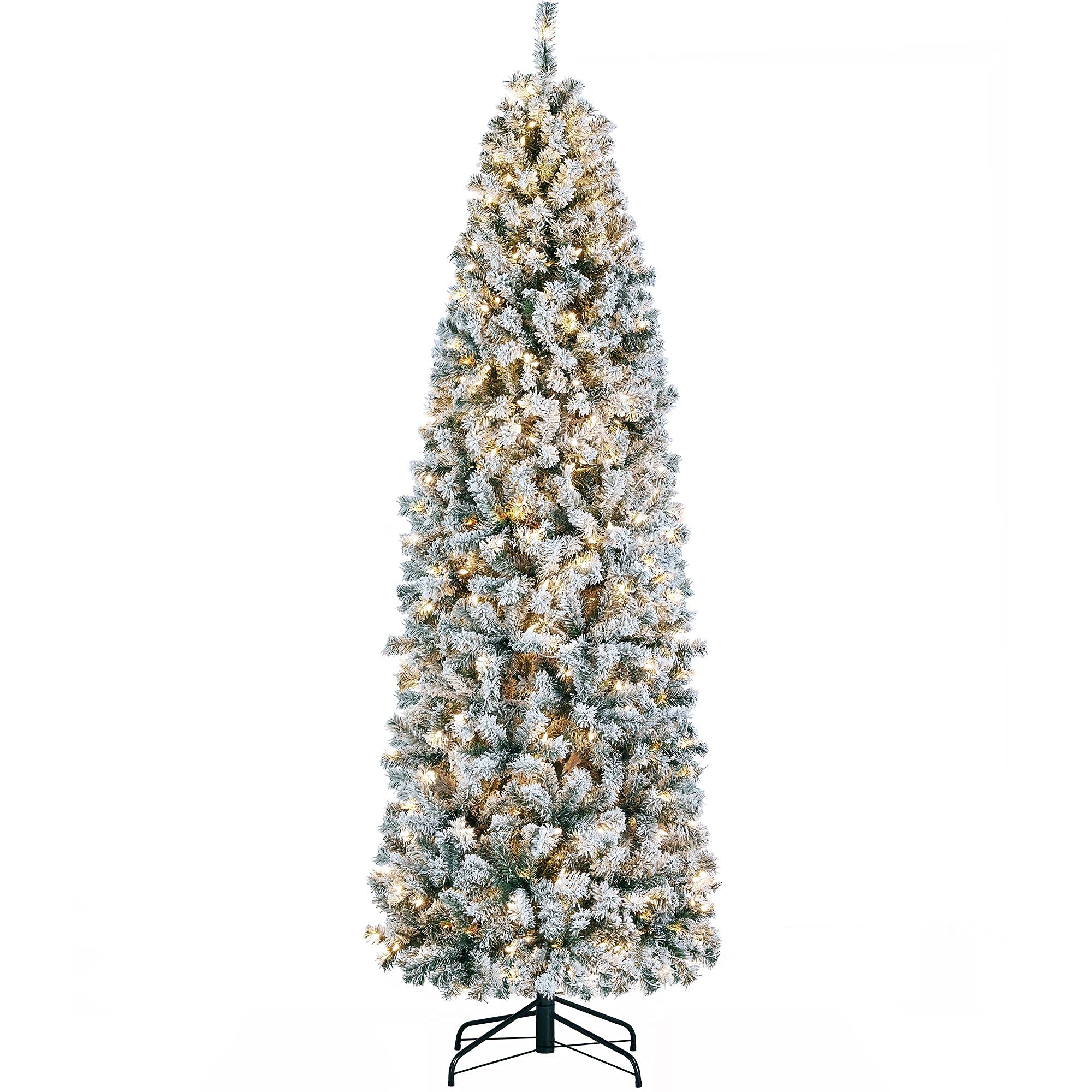 Yaheetech 7.5ft Pre-lit Snow Flocked Pencil Christmas Tree Kingswood Fir Hinged Slim Skinny Corner Xmas Tree with 350 Incandescent Warm White Lights & 1086 Snow Branch Tips, White Image