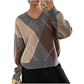 GORGLITTER Women's Argyle Sweater Colorblock Long Sleeve V Neck Fall Trendy Knitted Pullover Old Money Clothes