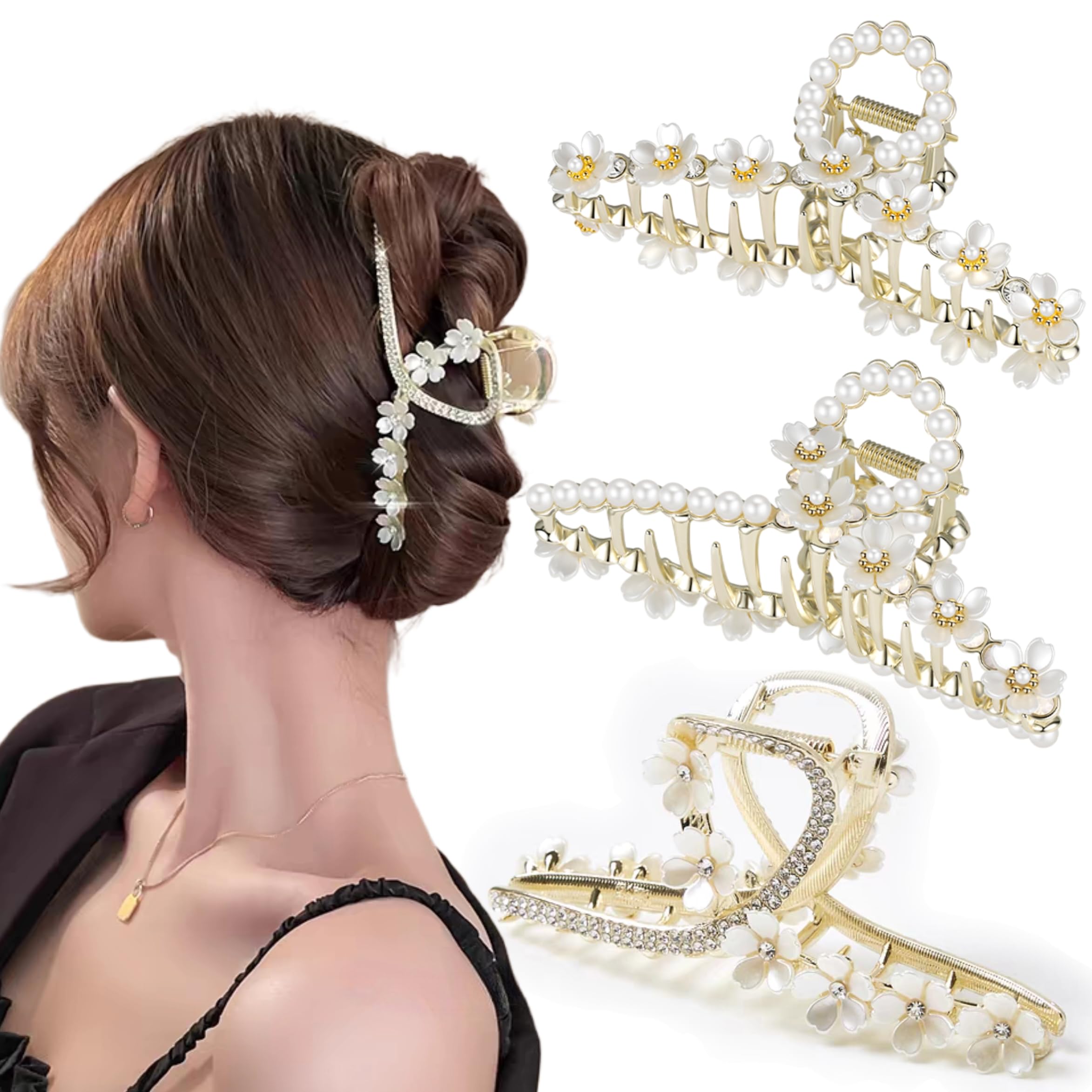 Ypkia Pack of 3 Flower Hair Clips Beads Gold Metal Hair Clips Ladies Large for Women and Girls Thick Hair Accessories