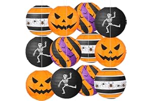 YIOTJUNL Halloween Paper Lanterns, 12 PCS Halloween Hanging Paper Lanterns, Orange Black Purple Spider Skeleton Bat Lanterns for Halloween Party Decorations Indoor Outdoor Spooky Home Decor