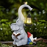 Solar Outdoor Garden Statues Lights, Elephant Figurines with Cute Gnome Garden Sculpture Decor, Luck Elephant Gifts for Woman Mother or Daughter, Unique Housewarming Gifts and Yard Decor