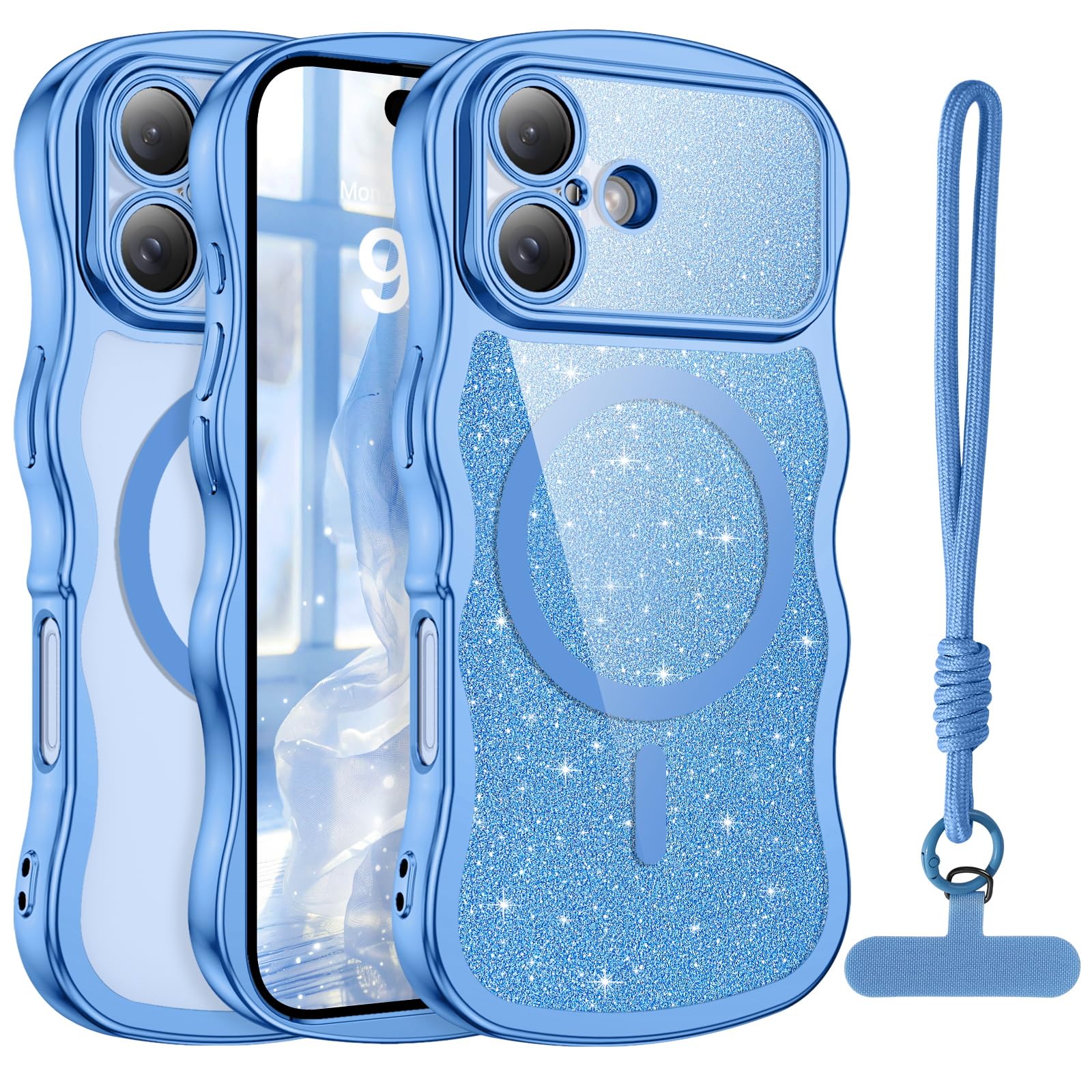BENTOBEN Magnetic for iPhone 17 Case 2025, Clear Glitter Cute Curly Wavy Edge [Compatible with Magsafe] Sparkly Shinny Slim Design Shockproof Protective Girly Women Men Phone Cover, Blue/Clear