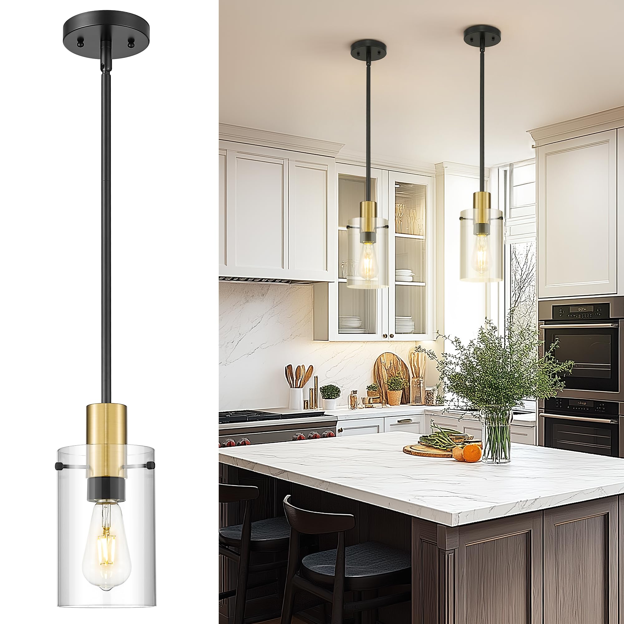 Photo 1 of Emak Black and Gold Pendant Light Fixtures, 5 Inch Clear Glass Pendant Lights Kitchen Island, Modern Farmhouse Hanging Lights for Kitchen, Bathroom, Dining Room, PL127-BKBGD-CG
