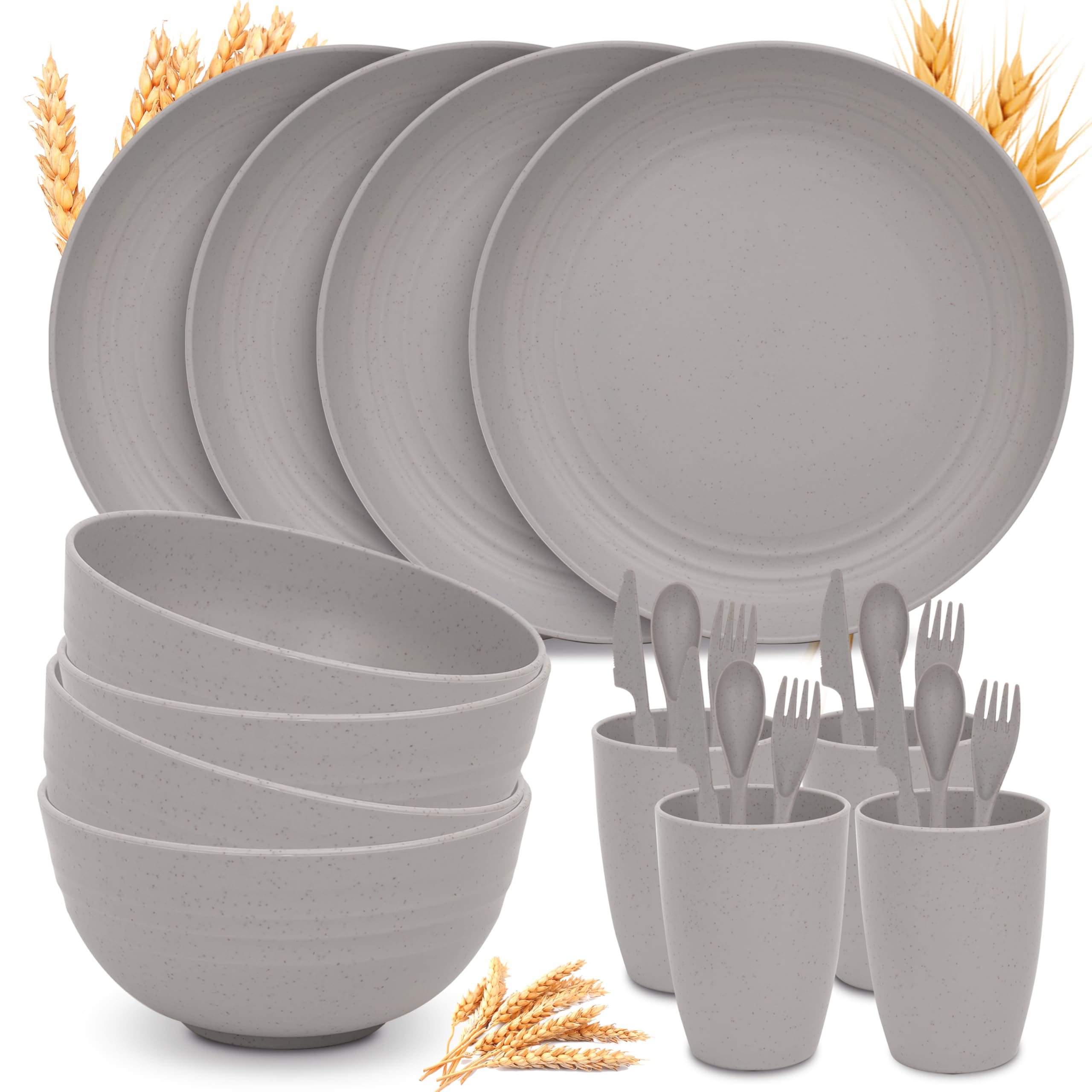 Photo 1 of (PARTIAL SET) (BAGGED) Wheat Straw Dinnerware Sets for 4 - GreenChoice Lightweight & Unbreakable Dishes Microwave & Dishwasher Safe Perfect for Camping, Picnic, RV, Dorm Plates, Cups and Bowls (Gray)