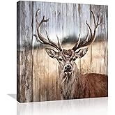 Rustic Elk Wall Decor Canvas Wall Art Animal Theme Artwork for Bathroom Modern Deer Pictures Framed Farmhouse Wall Decor for Bedroom Kitchen Country Wood Grain Prints Home Wall Decoration Size 14x14
