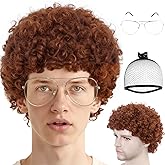 ESUNO Hair Cap+Brown Afro Wig with Glasses Short Curly Wig for Men 70s Funny Afro Outfit Adult Nerd Hair Brown Curly Cosplay Costume Short Fluffy Outfit for Halloween Party Cosplay