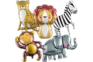 LINGQIANG Jungle Safari Animals Balloons, Jungle Safari Theme Birthday Party Decorations, Lions Zebra Elephant Monkey Leopard Foil Balloons for Kids Boys Wild One Zoo Birthday Baby Shower Party Decor Supplies