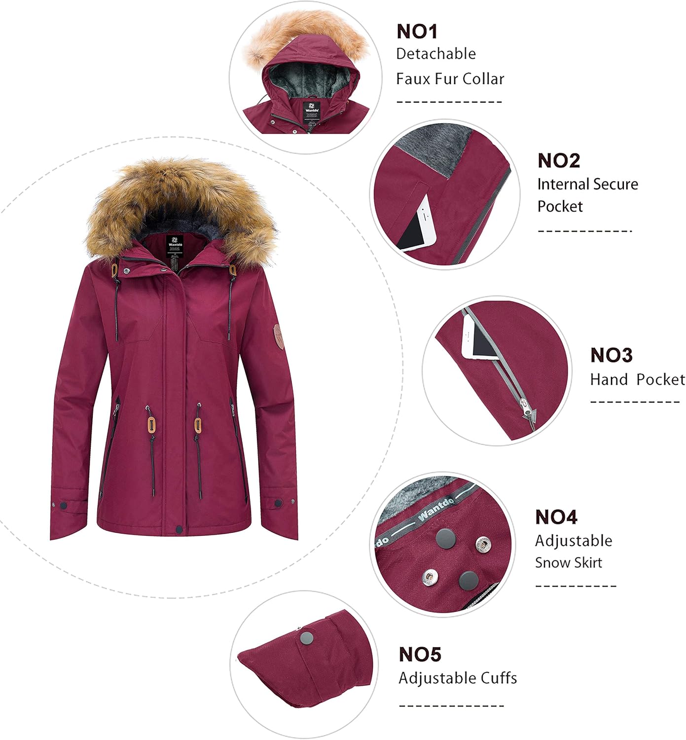 Wantdo Women's Waterproof Ski Jacket Hooded Winter Snow Coat Mountain Snowboarding Jackets Insulated Fleece Parka: Clothing