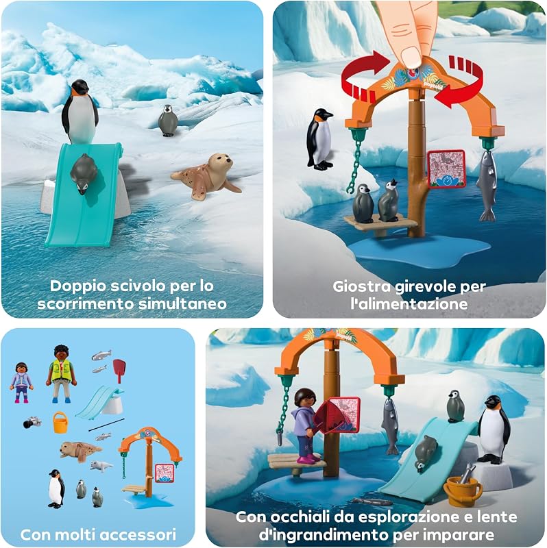 | Animals & Friends | Zoo Visita agli animali artici | Pinguini e foche con giostra per mangiare | giocattolo per bambini dai 4 anni in su | 72073