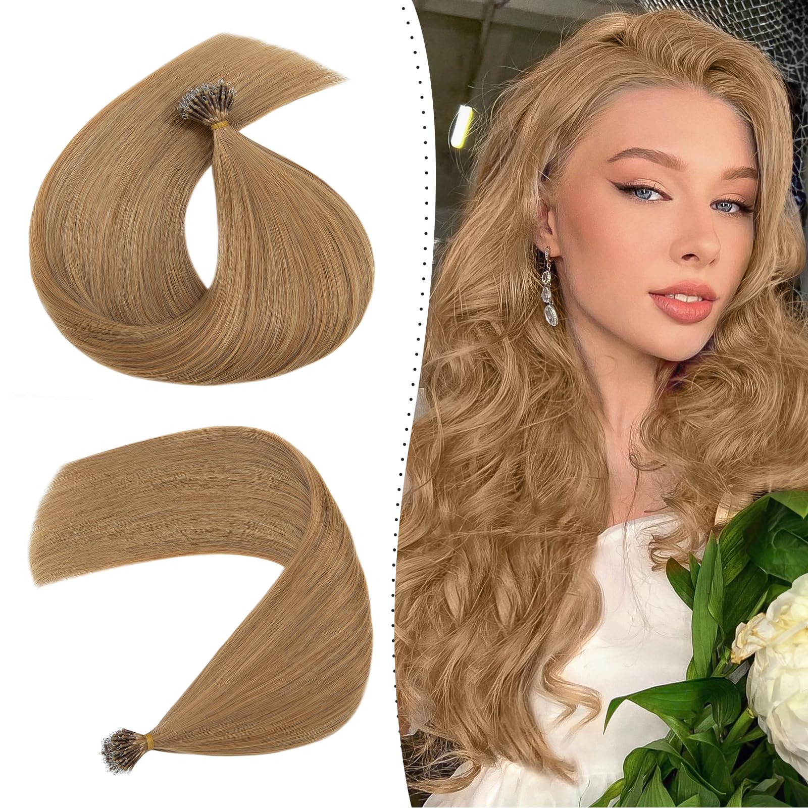 Pre Bonded Nano Ring Extensions 1g/s Nano Ring 50g Cold Fusion Keratin Bondings 24" #27 Dark Blonde [100% Real Remy Human Hair] With Nano Beads Cold Fusion 50 Strands