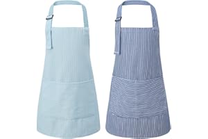 2Pcs Kids Aprons, Adjustable Children's Cooking Aprons with Pockets, Striped Toddler Apron for Cooking Baking Painting