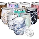 THILY Vacuum Insulated Stemless Wine Tumbler Stainless Steel Travel Wine Glass with Lid and Straw, Reusable, Portable, BPA Free, Keep Beer Cold, Blue Marble