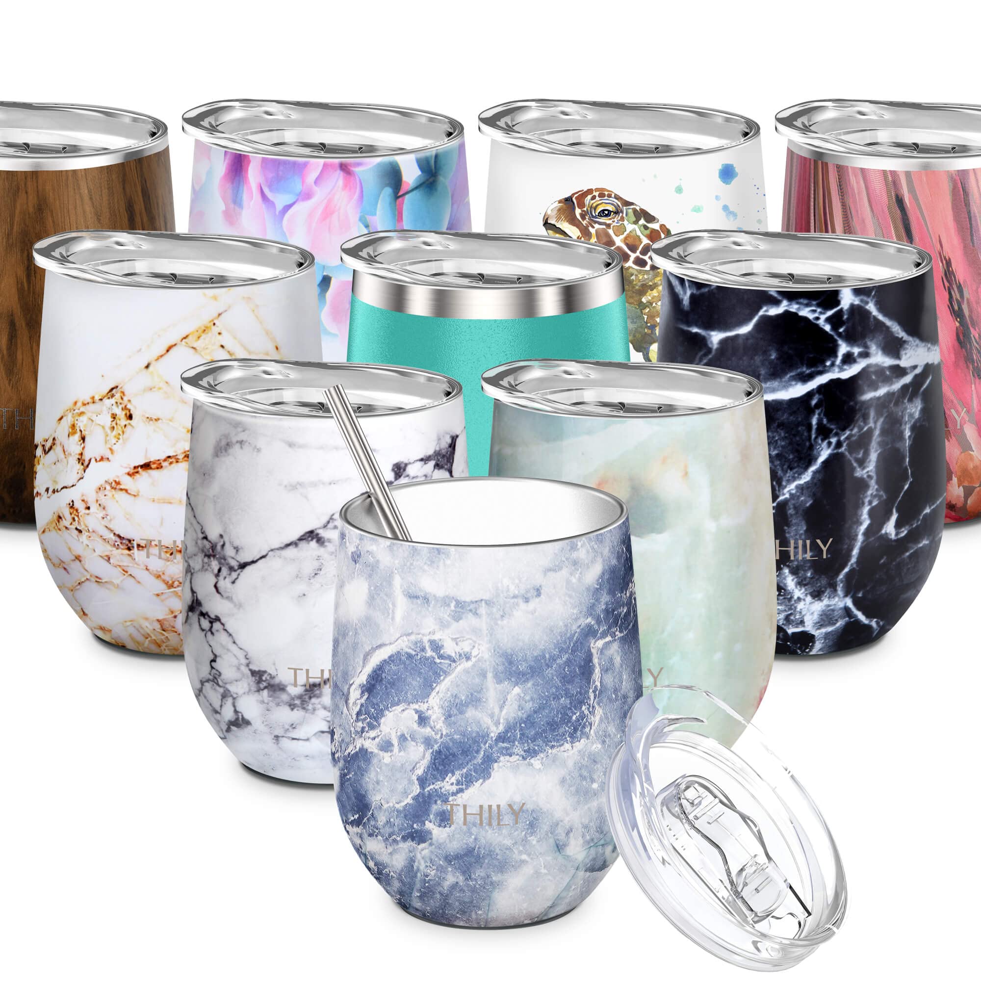 THILY Vacuum Insulated Stemless Wine Tumbler Stainless Steel Travel Wine Glass with Lid and Straw, Reusable, Portable, BPA Free, Keep Beer Cold, Blue Marble