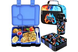 Bevalsa Kids Bento Lunch Box with 6 Compartment, Stainless Steel Metal Water Bottle, Insulated Bag & Utensils, BPA-Free Leakproof Food Container for School Boys Girls, Back To School Gift