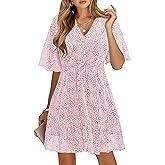 KIRUNDO Womens Summer Dresses 2026 Casual Spring Short Sleeve V Neck Ruffle Floral Print High Waist Belted Flowy Mini Dress