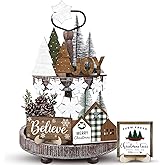 Yalikop 20 Pcs Neutral Christmas Tiered Tray Decor Set Vintage Plaid Snowflake Xmas Tree Wood Sign Rustic Farmhouse Tray Decoration Tabletop Sign for Winter Home Kitchen Festival