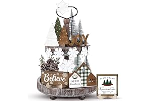 Yalikop 20 Pcs Neutral Christmas Tiered Tray Decor Set Vintage Plaid Snowflake Xmas Tree Wood Sign Rustic Farmhouse Tray Decoration Tabletop Sign for Winter Home Kitchen Festival