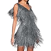 houstil Women 1920s Sequin Dress V Neck Flapper Gatsby Homecoming Dresses Fringe Wedding Club Party Evening Gown